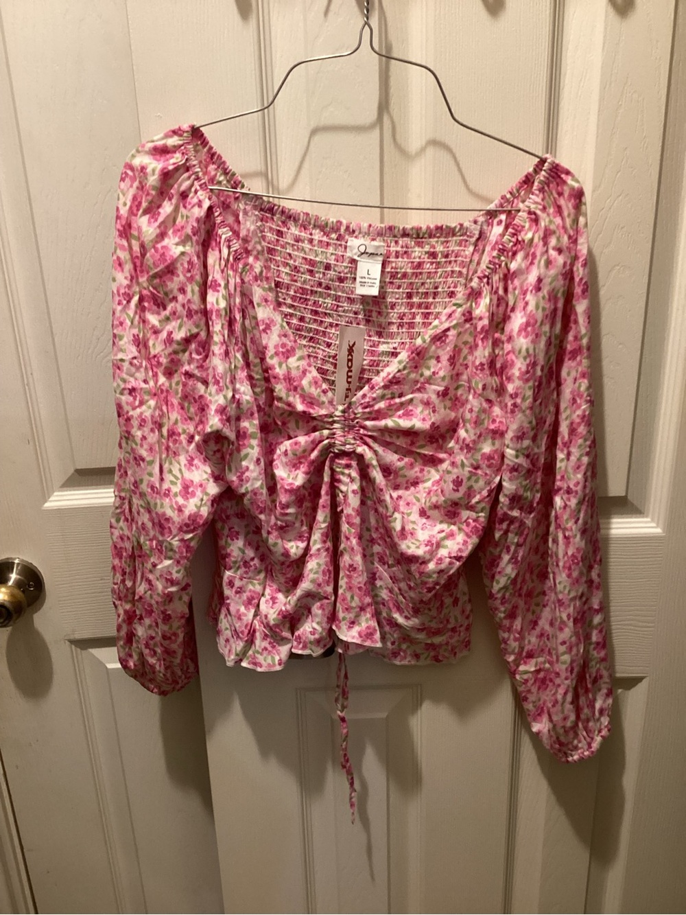Japna Pink Floral Ruched Peasant Blouse
